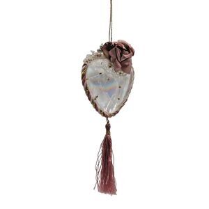 Victorian Glass‎ Heart Ornament Pink With Riboon Tassel Roses Vintage
